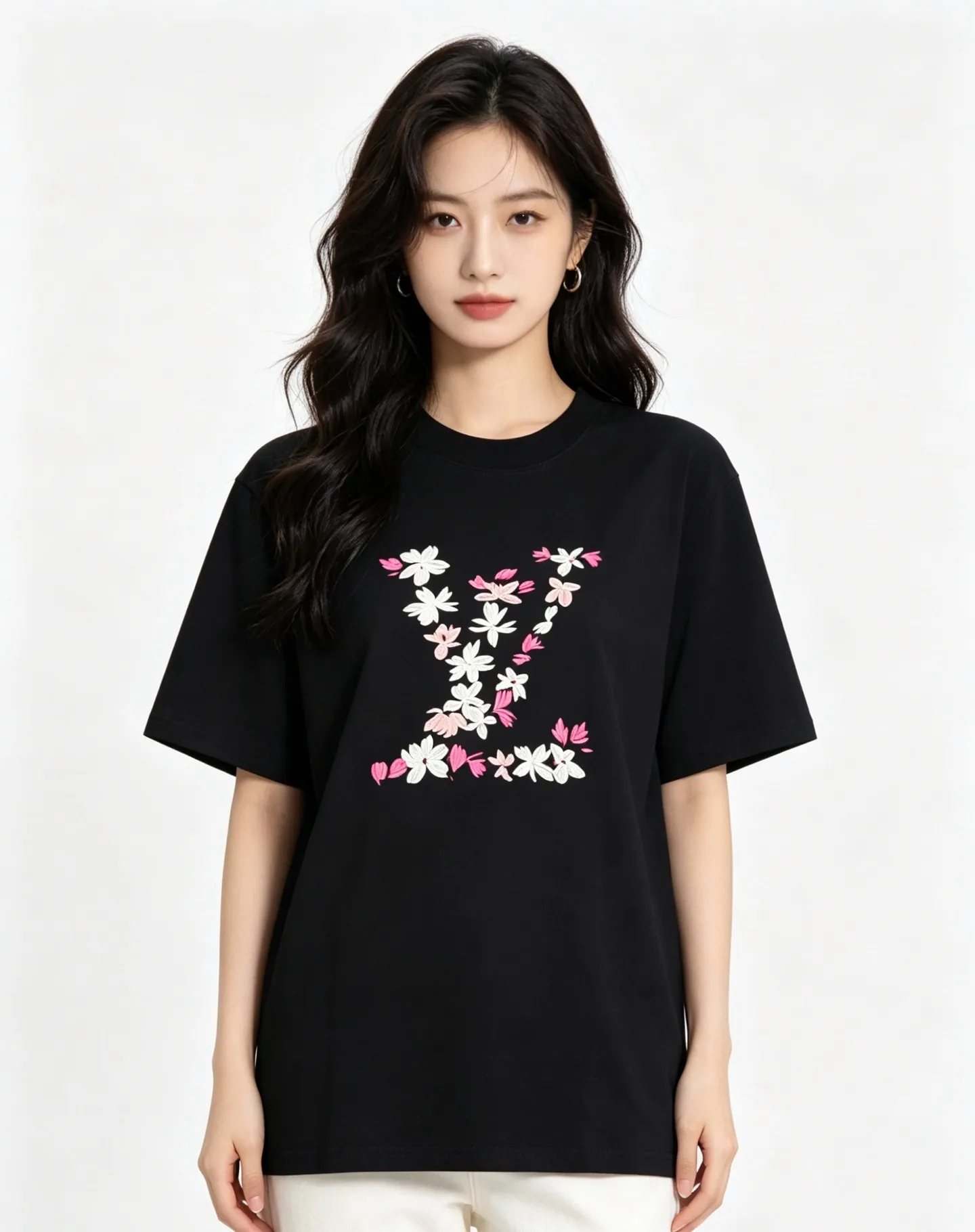 Louis Vuitton/Louis Vuitton 26ss cherry blossom embroidered LV logo short sleeves
